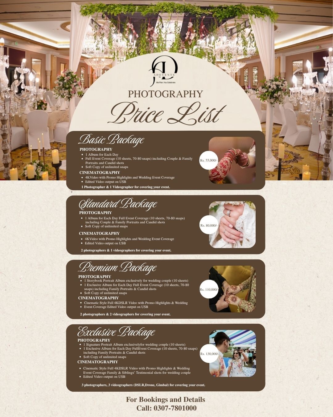 ADEVENTS photography price list showing all four packages